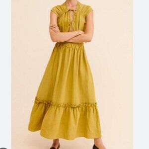 Women's Flowy Green and Yellow Tie Front Dress